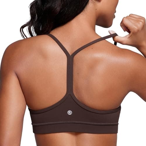 Image of CRZ YOGA Women's Butterluxe Padded Sports Bra - Low Impact Y Back Strappy Bra Racerback Spaghetti Straps Gym Yoga Bras Hot Fudge Brown S