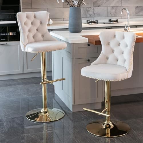 Image of HomeTouch Luxury Velvet Bar Stools Set of 2 Swivel Kitchen Breakfast BarStool Adjusatble Height Bar Chairs for Counter with Golden Base (2, Beige Gold)