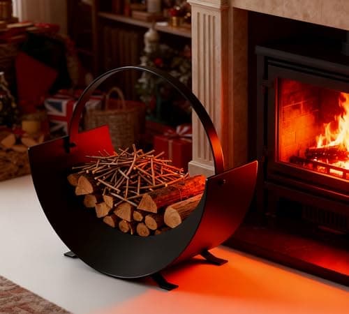 Image of Kingson Firewood Log Basket for Indoor Fireplace – Arched Steel Log Holder with Flat Iron Handle – Black Firewood Storage – Decorative Fire Log Carrier 35x28x36cm