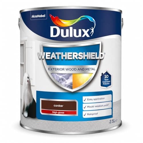 Image of DRW Conker Weathershield Exterior Gloss Paint 2.5L | Exterior Wood and Metal Paint | One Coat High Shine Weatherproof Finish | Durable Outdoor Paint for Doors Gates Railings