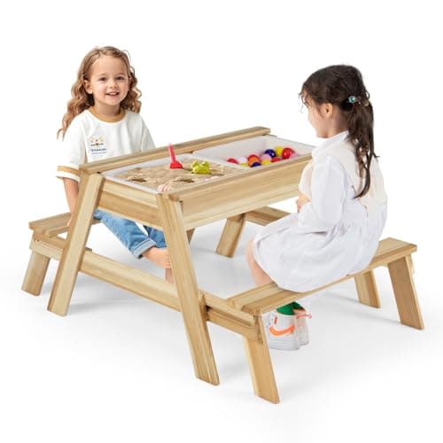 Image of Maxmass Kids Picnic Table, Fir Wood Toddler Outdoor Table and Chairs with Sliding Benches, Removable Tabletop, Storage Boxes, Garden Children Sand Water Activity Table for Patio Lawn Backyard