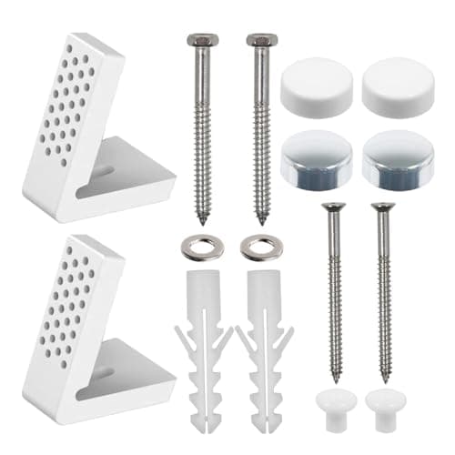 Image of SPARES2GO Toilet Pan Fixing Kit Angled Floor WC Bidet Basin Bathroom Bracket Set (White and Chrome Silver Caps)