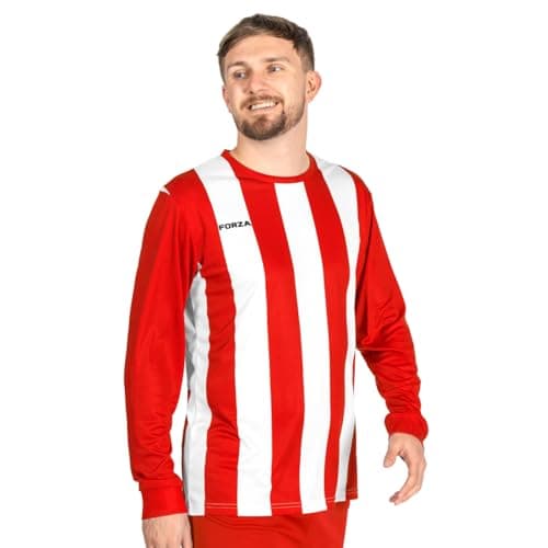 Image of FORZA Men’s Striped Long Sleeve Jersey Shirt [XS-XXL] – Premium Long Sleeve Football T-Shirts Jersey | 5 Stripe Colour Options (UK, Alpha, M, Regular, Regular, Red and White)