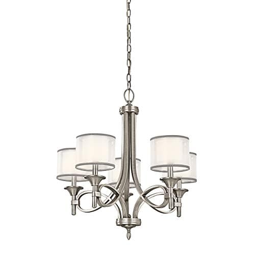 Image of 5 Bulb Chandelier Hanging Pendant Light - White ORGANAZA Shade - Antique Pewter - LED E14 60W Bulb