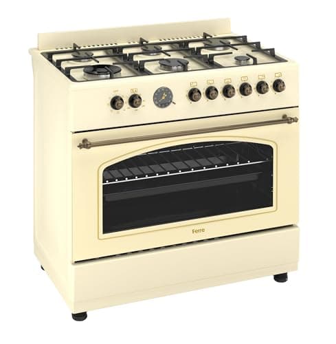 Image of Ferre F9S60E7-CR-RETRO 90cm Dual Fuel Range Cooker With Double Turbo Fan & 6 Burner(1 Wok) - Cream