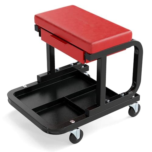 Image of TANGZON Rolling Mechanic Stool, Padded Creeper Seat with 4 Universal Wheels & Tool Tray, 150/185KG Capacity Heavy Duty Garage Tool Workshop Stool Trolley (with Drawer, 185kg Load, Red)