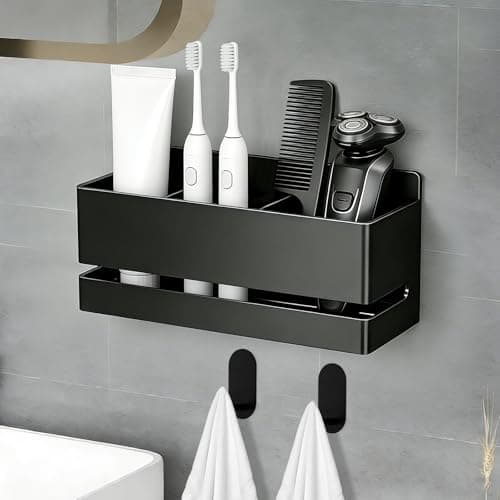 Image of BORISCA Black Aluminum Electric Toothbrush Holder Wall Mounted, Three-slot Self Adhesive Wall Mounted Toothbrush Holder with Drain for Toothbrush, Toothpaste, Razor Bathroom Accessories