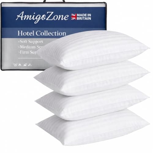 Image of AmigoZone 4 Pack Hotel Quality Stripe Pillow - Bounce Back Pillow Cotton Blend With Virgin HollowFibre - Firm Support Anti Allergy Machine Washable - 48x74cm White Stripe - Pack of 4