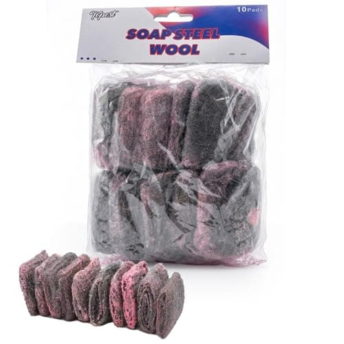 Image of Topest Soap Filled Scoures, 10 Pads | Steel Wool Scourer Pads | Remove Tough Stains, Grease and Grime with Ease | Great for Kitchen, Pans, Pots, Cookers Etc.