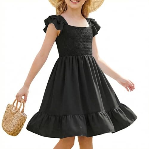 Image of JiAmy Girls Dress Summer Ruffle Short Sleeve A Line Dresses with Pocket Kids Casual Tiered Swing Dress for 7-8 Years Black