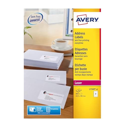 Image of Avery L7160 Address Labels, White, 63.5 x 38.1 mm, 21 per A4 Sheet, 40 Sheets 840 Labels, JamFREE UltraGrip QuickPEEL, for Laser Printers, FSC Certified (L7160-40)