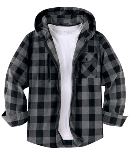 Image of ZITY Mens Hoodies Flannel Shirt Long Sleeve Plaid Shirts Thin Zip Lumberjack Shirt Casual Button Down Checkered Flannel Top with Pocket M-3XL Dark Grey
