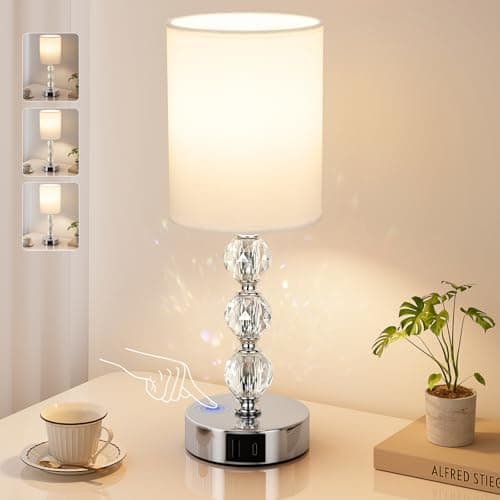 Image of Aooshine Touch Table Lamp, Crystal Bedside Lamps with 3 Way Dimmable, Touch Lamps Bedside with USB C+A Charging Ports, Bed Lamps with White Fabric Shade for Living Room, Bedroom, Dorm(Bulb Included)