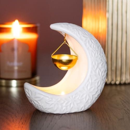Image of TECH ISLAND Wax Burner Crescent Moon Hanging Oil Burner - Enchanting Design With Cut Out Star Details, Essential Oils And Wax Melts Holder For A Dreamy Atmosphere (White)