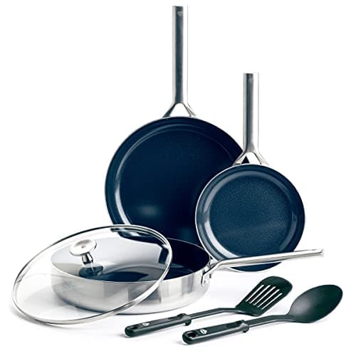Image of Blue Diamond Cookware Triple Steel Stainless Steel Ceramic Nonstick 6-Piece Cookware Pots and Pans Set, Includes Frying Pan Skillets Utensils, Tri-Ply, PFAS-Free, Multi Clad,Induction,Oven Safe,Silver