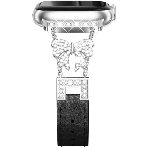Image of NewWays Leather Strap for Apple Watch 46mm 45mm 44mm 42mm(Series 3 2 1),Women Bling Bracelet Band for iWatch SE(2025-2020) Series 11 10 9 8 7 6 5 4 3 2 1,Silver/Black