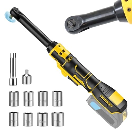 Image of 3/8" Extended Cordless Ratchet Wrench for Dewalt 20V, 16cm Extended Head 90Nm Electric Ratchet Wrench with with 8 Sockets & 1/4" Adapter,Extended Long Neck Electric Power Ratchet (No Battery) (Yellow)