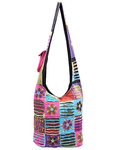Image of THE COLLECTION ROYAL Patchwork Cotton Sling Crossbody Shoulder Hobo Bag Hippie Boho Bohemian, Multi-flrlrip
