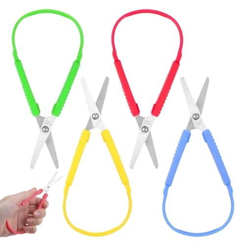 Image of KFHENSOMR 4Pcs Loop Scissors 14cm Spring Scissors Colorful Handle Adaptive Design Scissor Self-Opening Easy for Toddler Kids Schools Special Need DIY Crafts (Red,Yellow,Blue,Green)