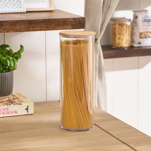 Image of OHS Food Storage Containers with Bamboo Lid, BPA Free Round Tall Plastic Jars Airtight Kitchen Storage for Dry Food Cereal Sugar Spices and Baking Supplies, Clear