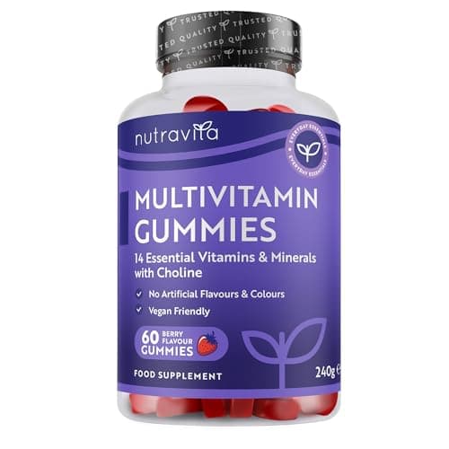 Image of Nutravita Vegan Multivitamin Gummies for Women & Men – 60 Berry Flavour Chewable Adult Multivitamins (2 Month Supply) Daily Supplement with 14 Vitamins & Minerals incl. Vitamin C D3 B12 Biotin Zinc