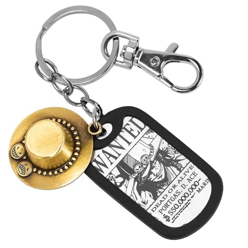 Image of Weeb Keychains One Piece Anime Keychain with Straw Hat & Metal Dog Tag, Premium Zinc Alloy One Piece Merch for Portgas D Ace Fans, Durable, Lightweight Keychain Gift for Everyday Carry