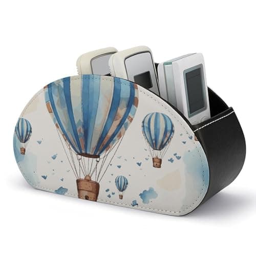 Image of Rkklvbns PU Leather Remote Organizar Box for Office, Blue Hot Air Balloon TV Remote Control Holder with 5 Compartments, Anti-slip Desktop Remote Caddy Storage for DVD, Blu-Ray, Media Player