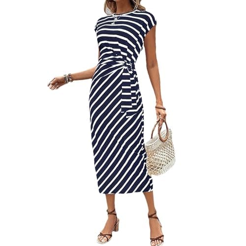 Image of ANUFER Women's Cap Sleeve Bodycon Long Dress Casual Crewneck Waist Tie Summer Pencil Dresses SN0703453 Striped Navy XL
