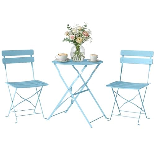 Image of Outsunny 3 Piece Folding Bistro Set, Round Bistro Table and Chairs Set 2 with Electrophoresis Metal Frame, Small Outdoor Garden Furniture Conversation Sets for Patio, Balcony, Porch, Light Blue