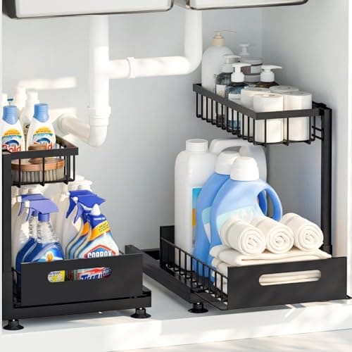 Image of Bnimtm Metal Under Sink Storage - 2 Tier Under Sink Storage Kitchen Organiser with Sliding Storage Drawer - Under Sink Organiser with Upgrade Suction Cups Stay On Cupboard Firmly Plus Size