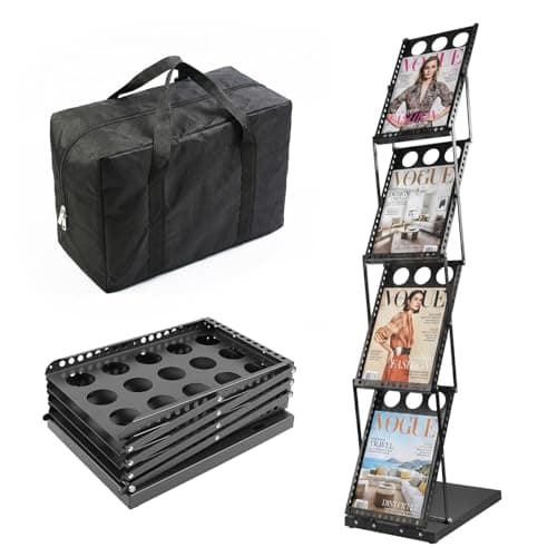 Image of YedZen A4 Brochure Display Stand, 4 Pockets Portable Folding Magazine Rack with Carrying Bag, 4 Shelf Leaflet Stand Exhibition, Floor Holder Literature, Trade Show, Magazine, Office