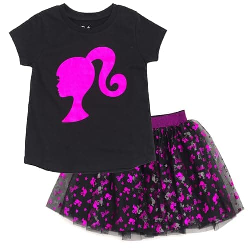 Image of Barbie Girls Metallic Print T Shirt with Tulle Skirt for Small and Large Kids, Black/Pink Film, 3 Years