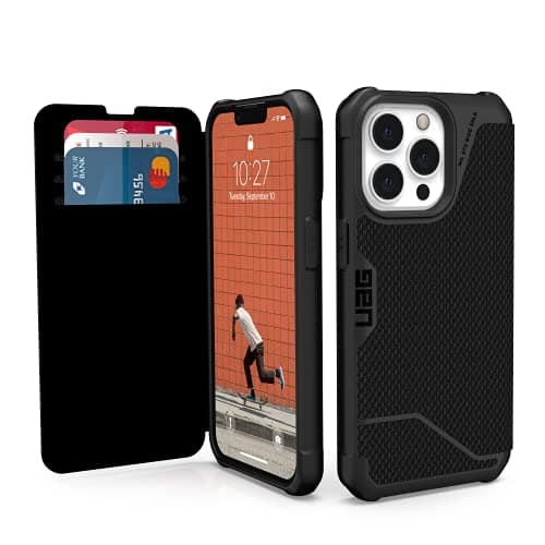 Image of URBAN ARMOR GEAR UAG Designed for iPhone 13 Pro Case Kevlar Black Flip Folio Cover with Card Slots and Viewing Stand Feather-Light Rugged Metropolis Protective Cover, [6.1 inch Screen]