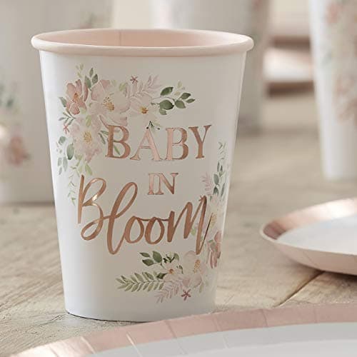 Image of Ginger Ray Rose Gold Floral Baby Shower Cups, 8 per pack
