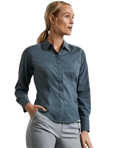 Image of Russell Collection Ladies' Long Sleeve Polycotton Easy Care Fitted Poplin Shirt, French Navy, 3XL. 924F
