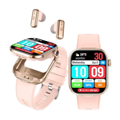 Image of Rainbuvvy Smart Watch with Earbuds, 2.02" Large Screen Fitness Trackers, Answer/Make Calls, 2 in 1 Earphones with Watch, Waterproof Sports Fitness Watch Compatible for Android iOS Phone (Gold)
