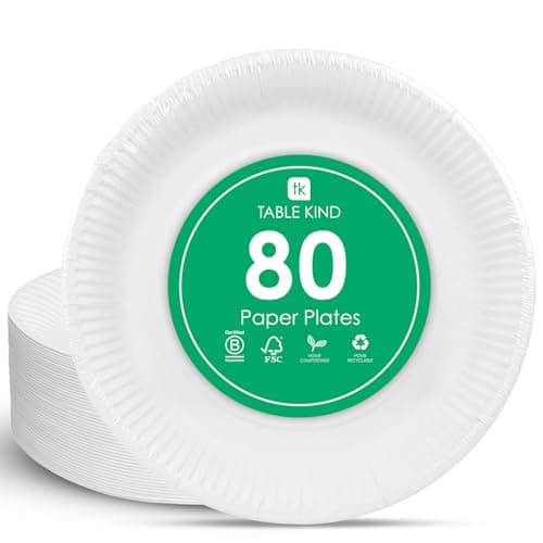 Image of Table Kind 80 x White Paper Plates Disposable Paper Plates Pack Eco-Friendly for Catering & Food Vans, Camping Recyclable Round Dishes Birthday BBQ Party Supplies, Home Compostable 22cm