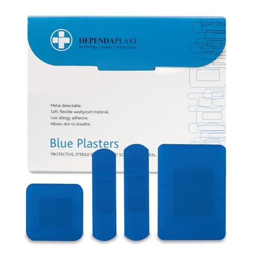 Image of Dependaplast Food Area Blue Plasters With High Visibility And Metal Detection Properties, Easily Detectable, Individually Wrapped - Assorted Box of 100