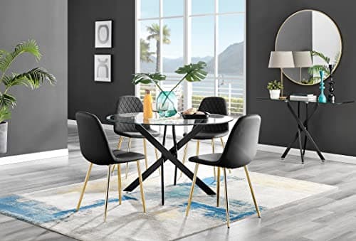 Image of Furniturebox UK Dining Table - Novara 120cm Round Matte Black and Clear Tempered Glass Industrial Home 4/6 Seater Kitchen Dining Table & 4 Black Faux Leather Gold Leg Corona Dining Chairs