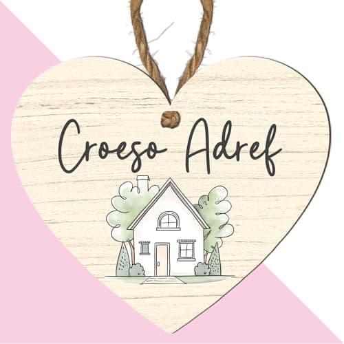 Image of Croeso Adref Heart Plaque | Welsh Welcome Home Sign | Choose Sheep or House Design | Wooden Hanging Wales Themed Sign | Handmade Indoor Welsh Gift (House)