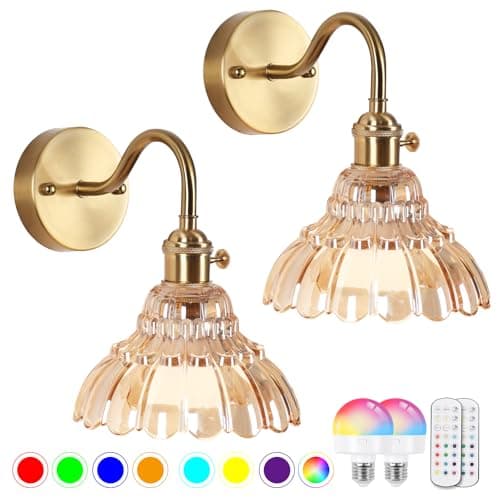 Image of Vintage Battery Operated Wall Lights,Rechargeable Wall Lights with Dimmable Detachable Charging Bulbs and Remote,Wireless Wall Light with Amber Glass Lampshade for Living Room Bedroom Hallway