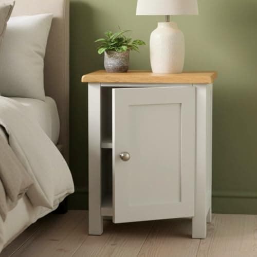 Image of GROFurniture 100% Oak Top Bedside Cabinet 1 Door Fully Assembled, Painted Side Table Nightstand for Bedroom or Livingroom Solid Built Oak Bedside Table Cashmere Grey, Modern & Farmhouse Style