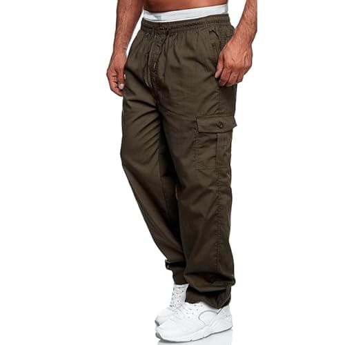 Image of Mens Cargo Trousers Combat Work Casual Jogger Tracksuit Bottoms Drawstring Waist Pants with Pockets Brown 4XL