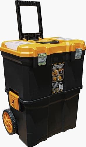 Image of Tool Lab Mobile Rolling Tool Box 2 Tier Stacking Pull Along Handle With Metal Latches, Rubbed Wheels For Home and Work Orange