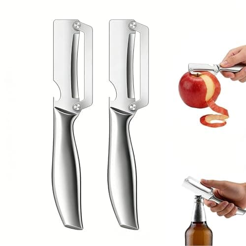Image of 3-in-1 Multifunctional Vegetable Peeler for Kitchen with Ultra Sharp Stainless Steel Blade and Wooden Handle & Integrated Bottle Opener for Fruit, Vegetables & Meat Slices (Stainless Steel Peeler)