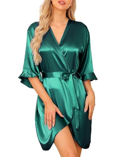 Image of Wikoan Women's Satin Robe Summer Silk Dressing Gowns Soft Wedding Party Bathrobe 3/4 Sleeve Sleepwear with V-Neck,Dark Green,S