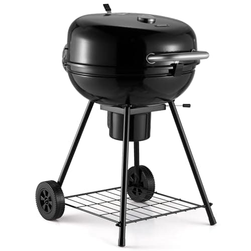 Image of VonHaus Charcoal BBQ 22.5" – Portable Kettle Barbecue with Warming Rack, Temperature Gauge, Storage Shelf, Wheels, Lockable Lid, Removable Ash Cup, Large Cooking Grill – Grill Meat, Fish & Vegetables