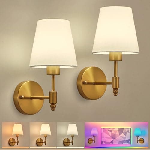 Image of HARPER LIVING Battery Operated Wall Lights Set of 2, Wireless LED Wall Lamps with Fabric Shade & Remote, 3CCT 9 RGB Dimmable Rechargeable Bulbs Sconce Light for Bedroom Living Room Hallway (Brass)