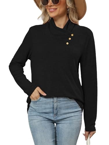 Image of Famulily Black Sweatshirt for Women Tunic Sweater Shirt Button Neck Pullover Jumper 2025 Fall Winter Tops (XL, Black)