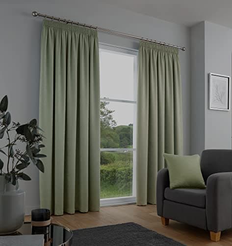 Image of Fusion Sage Green Pencil Pleat Drapes – W46 x L72" (117x183cm) – 100% Cotton – Thermal & Soundproof – 2 Panels – Light Green Window Dressing for Bedroom – Soft Pleated Door Panel Pair